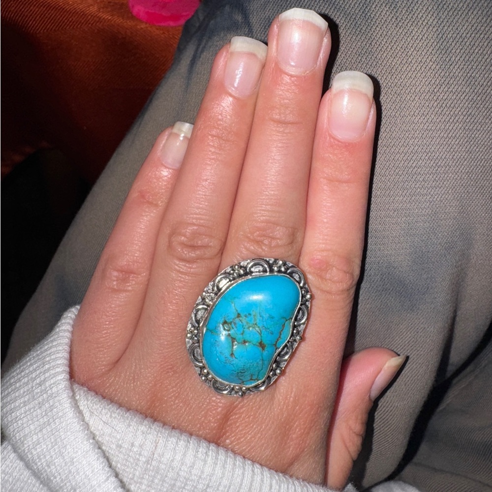 Big Stone Turquoise Statement Ring -Silver Plated - image 1